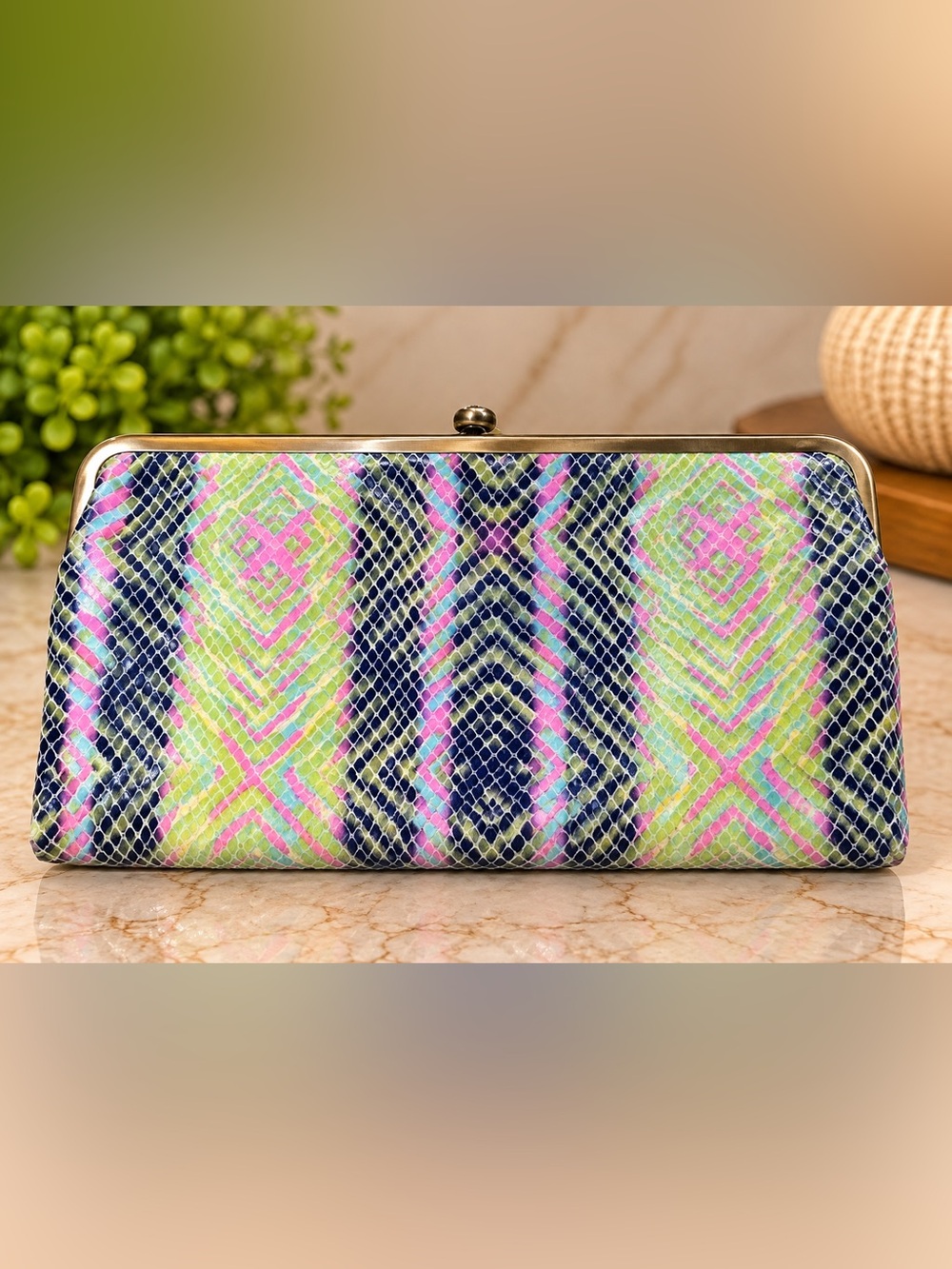 HOBO International Colorful Snakeskin Kiss Lock Clutch Wallet Pink Green